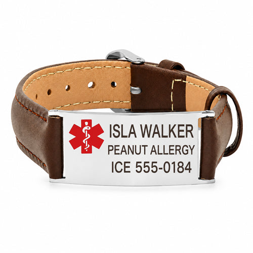 Medical ID Bracelet with Brown Leather & Stainless Steel- Free Engraving — sample personalized engraving