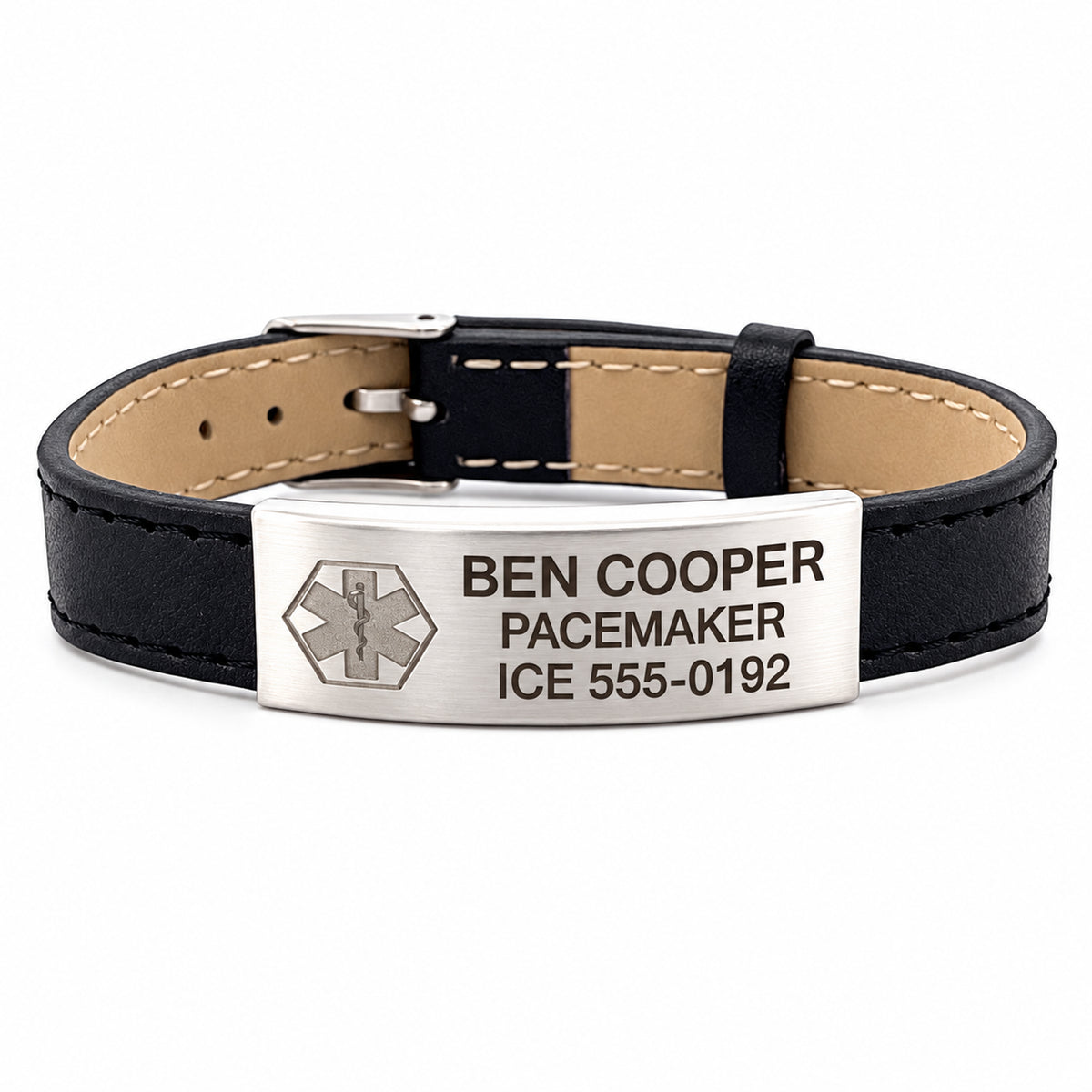 Personalized Leather Medical ID Bracelet: Custom Engraved Alert — sample personalized engraving