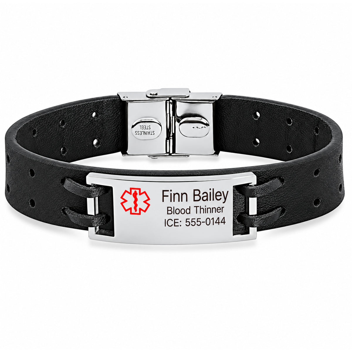 Genuine Black Leather with Stainless Steel Plate Medical ID Bracelet- Free Engraving — sample personalized engraving
