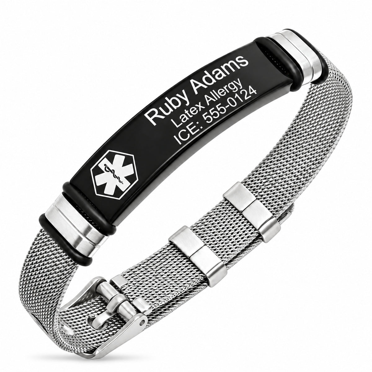 Quality Mesh MEDICAL ID Bracelet With Black Stainless Steel Plate — sample personalized engraving