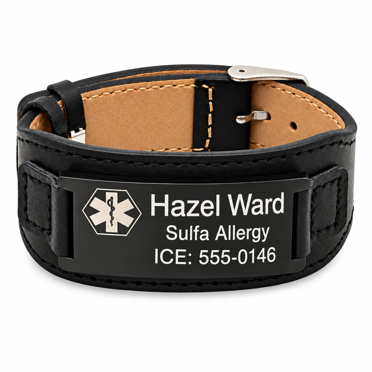 Stainless steel with PU Leather Mens Black Medical ID Bracelet — sample personalized engraving
