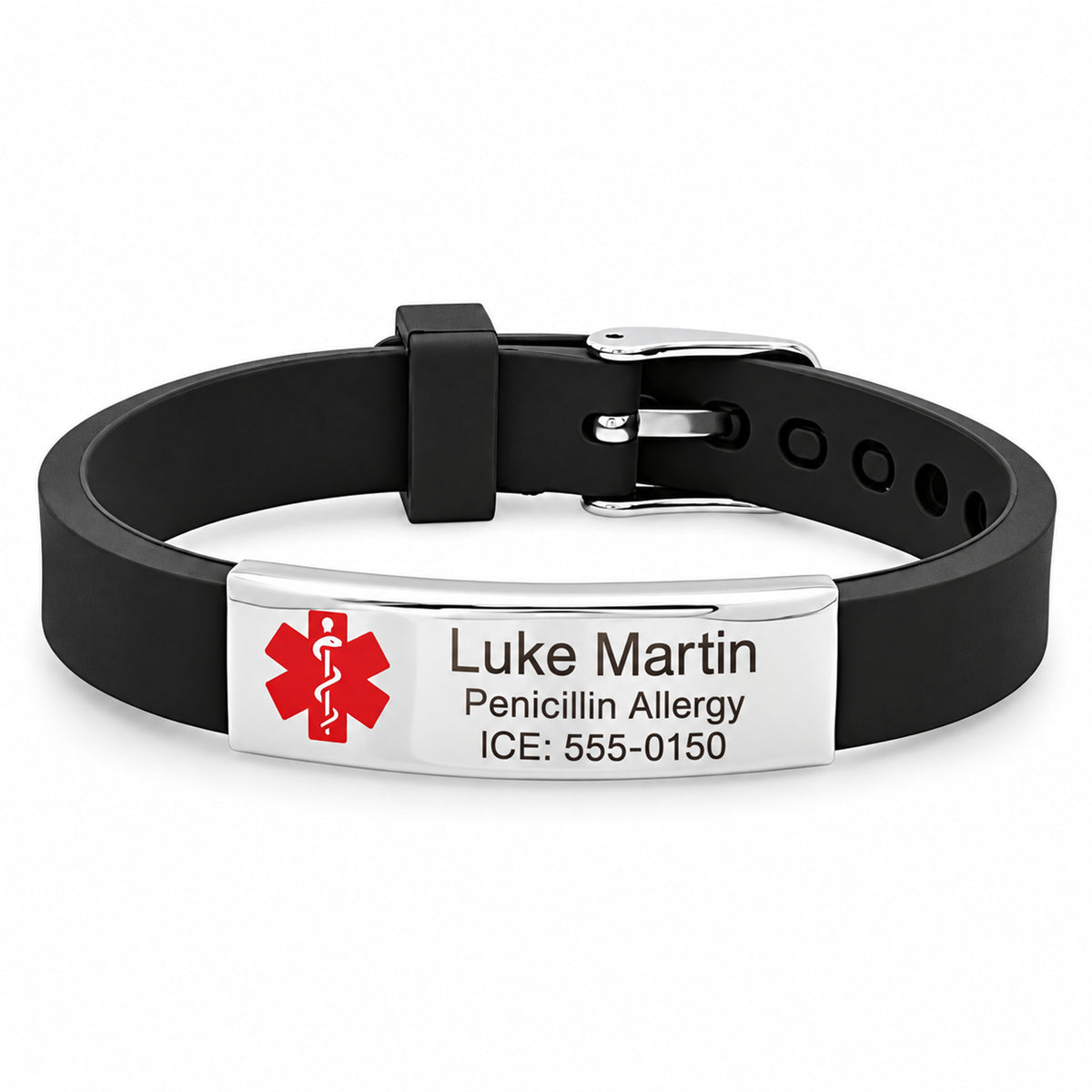 Personalized Black Silicone Medical Alert Bracelet – Stainless Steel Custom Engraved ID Tag — sample personalized engraving