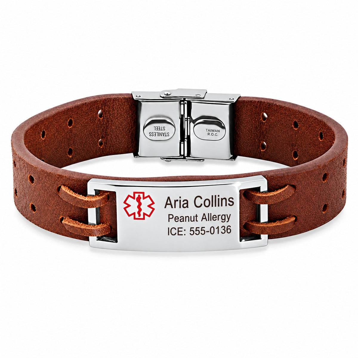 Genuine Brown Leather with Stainless Steel Plate Medical ID Bracelet- Free Engraving — sample personalized engraving