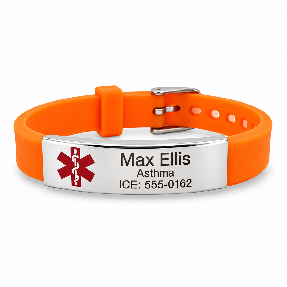 Engraved Orange Silicone Medical Alert Bracelet: Adjustable Stainless Steel ID — sample personalized engraving