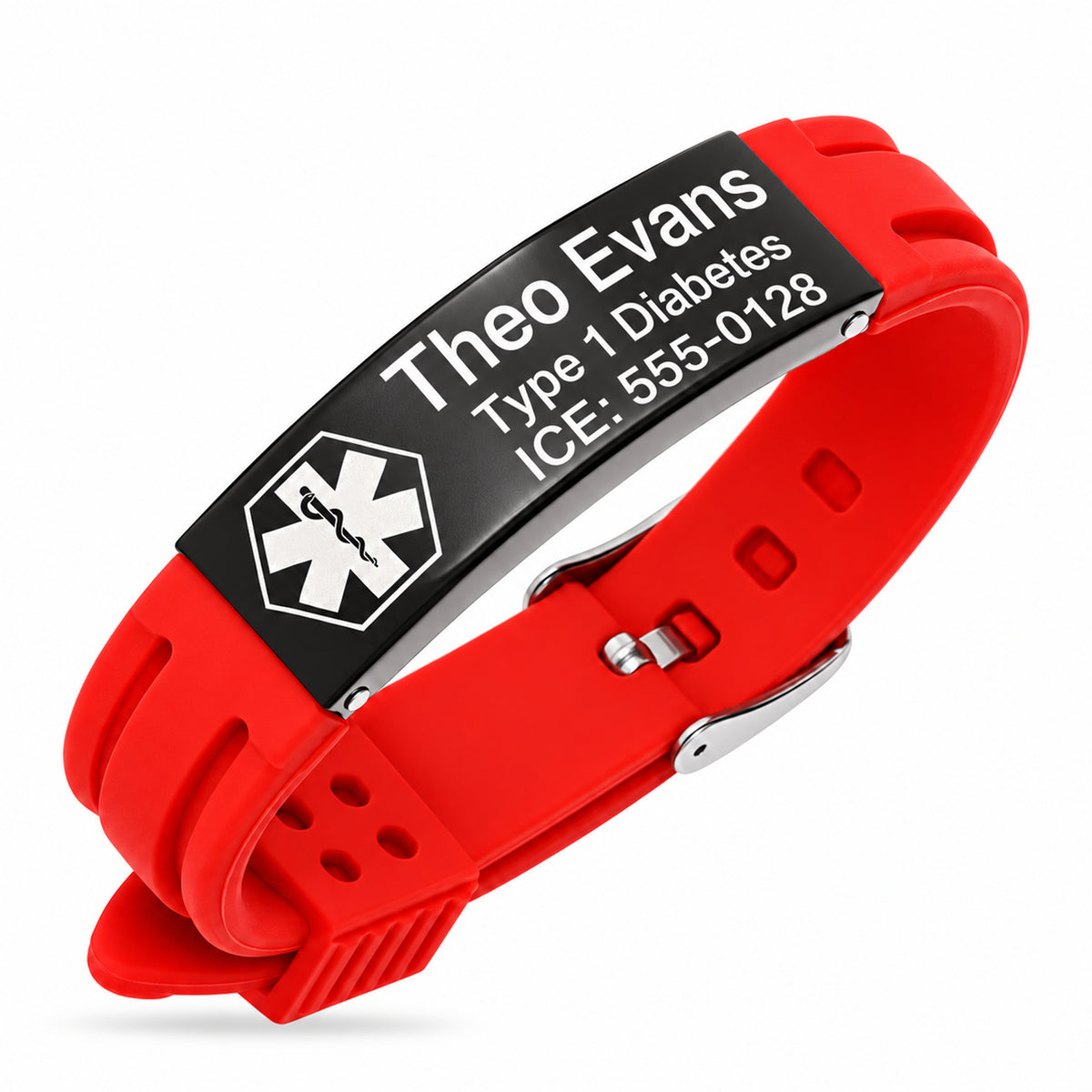 Personalized Black Stainless Steel With Red Rubber Medical Bracelet - Free Engraving — sample personalized engraving