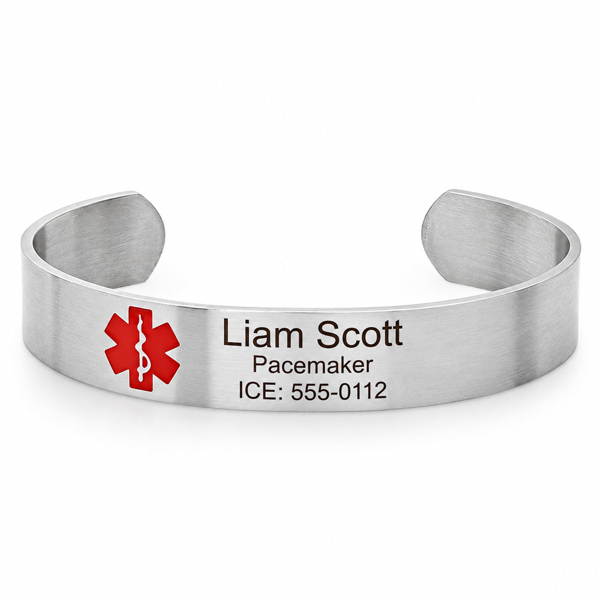 Personalized Stainless Steel Medical ID Cuff Bracelet – Custom Engraved Emergency Alert Bangle — sample personalized engraving