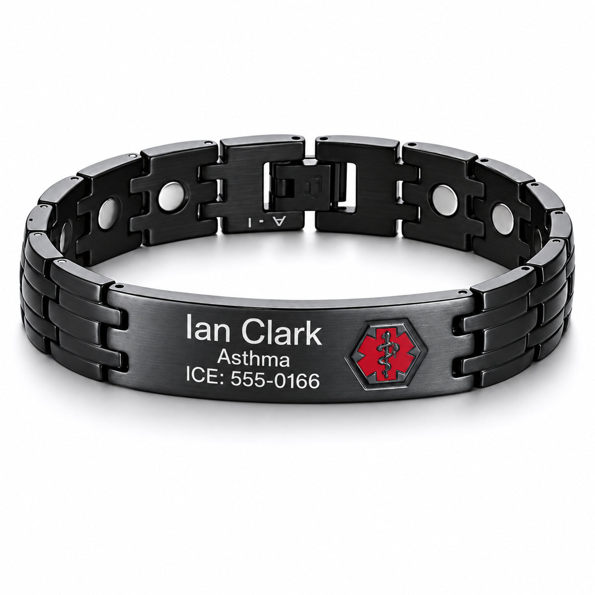Stainless Steel Black Medical Alert ID Bracelet with Magnetic Therapy-Free Engraving — sample personalized engraving