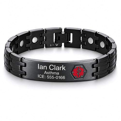 Stainless Steel Black Medical Alert ID Bracelet with Magnetic Therapy-Free Engraving — sample personalized engraving