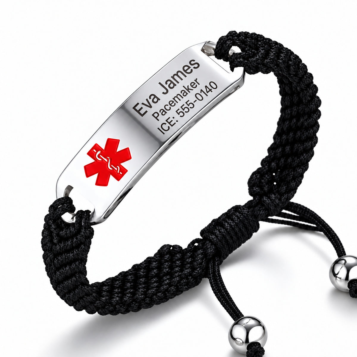 Personalized Paracord Medical Alert Bracelet: Adjustable Braided ID — sample personalized engraving