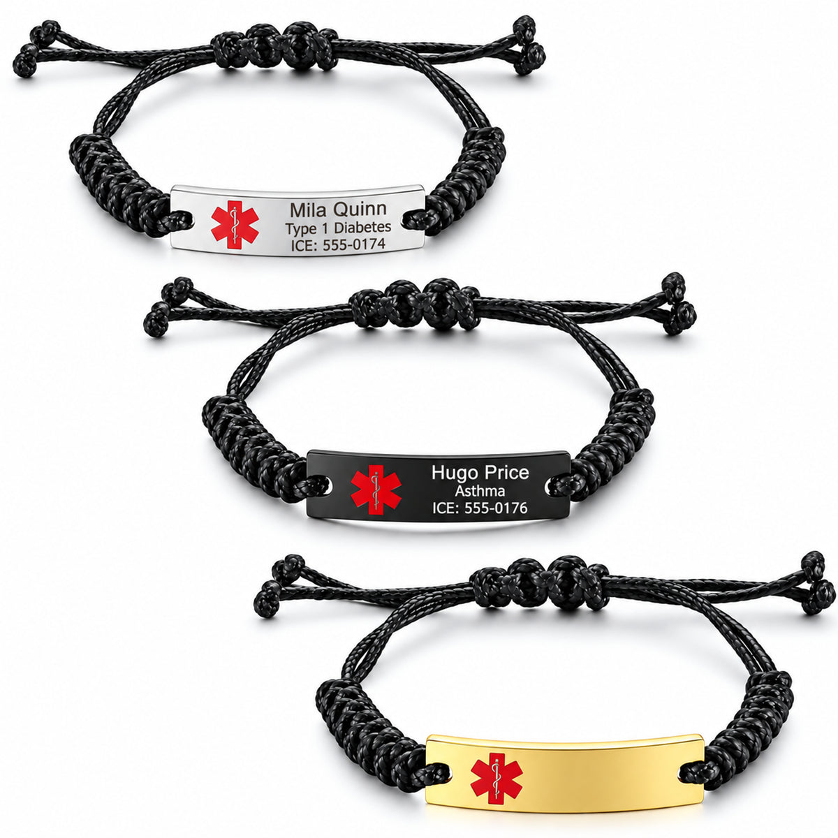 Quality Adjustable Black Braided With Stainless Steel Medical Alert ID Bracelet- Free Engraving — sample personalized engraving