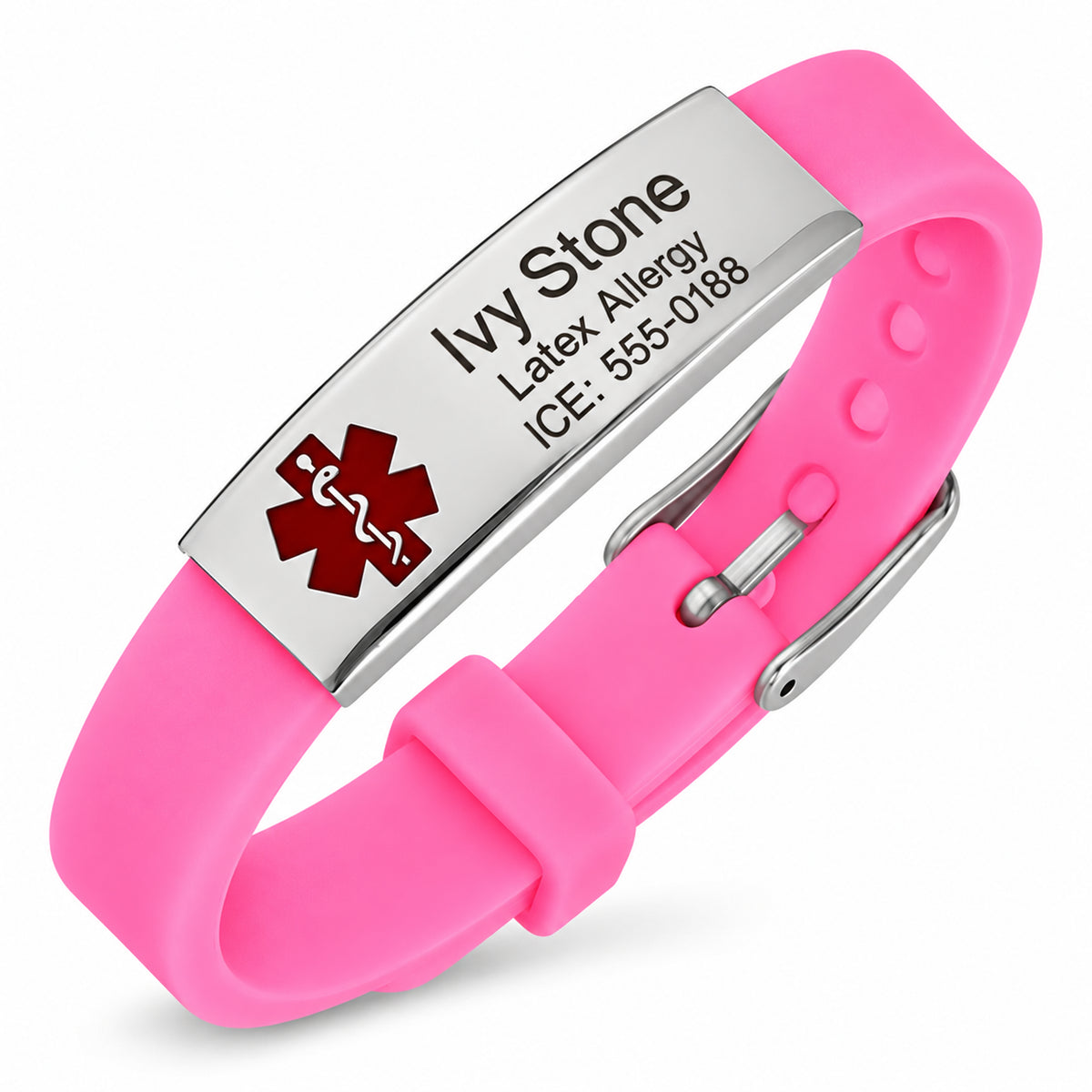 Personalized Pink Medical Alert Bracelet – Silicone Emergency ID Wristband with Engravable Plate — sample personalized engraving