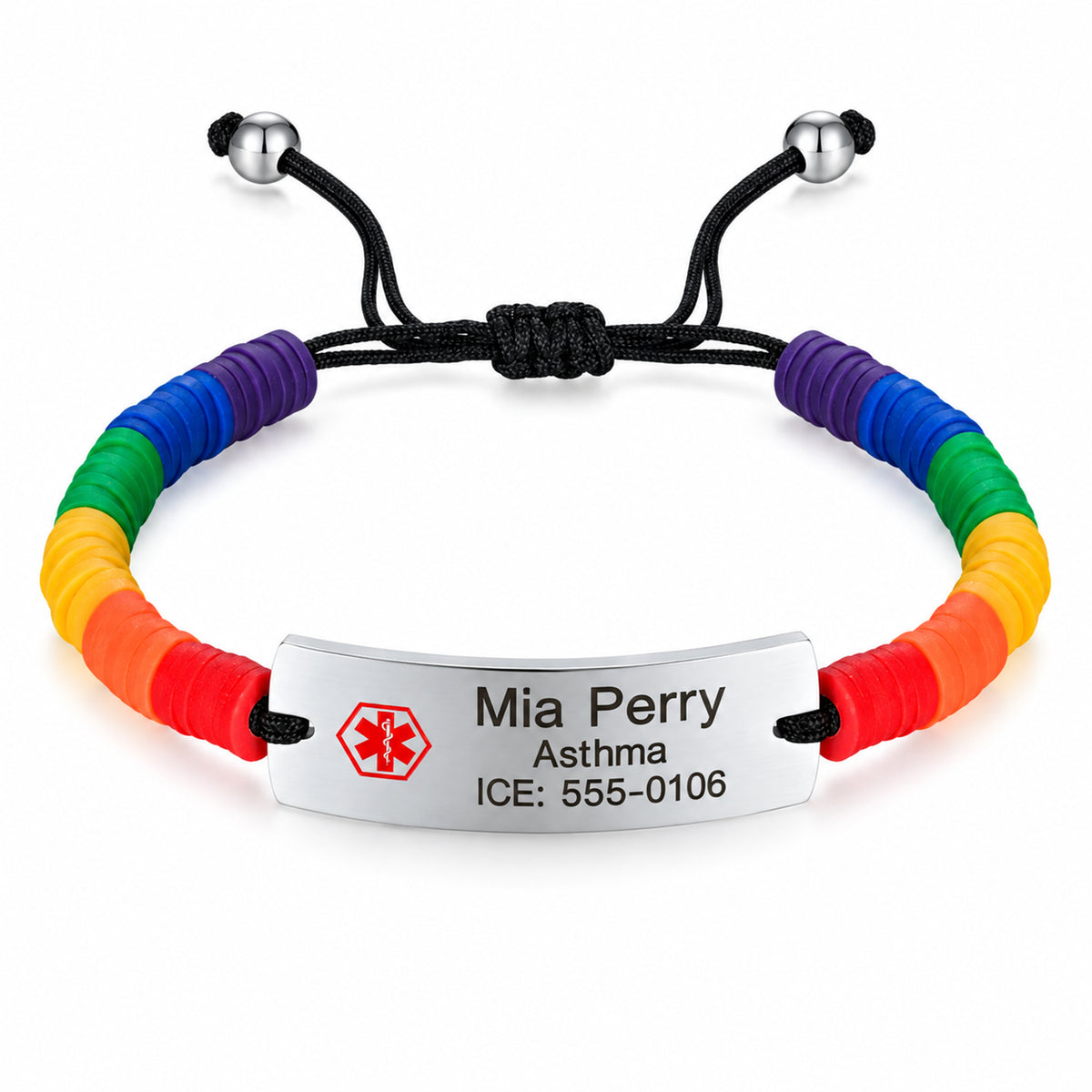 Personalized Braided Silicone Adjustable Rainbow Medical ID Bracelet — sample personalized engraving