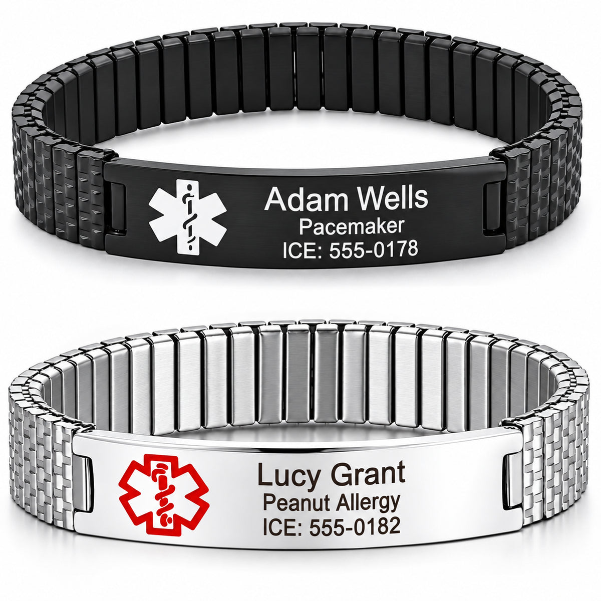 Quality Stainless Steel Stretch Medical ID Bracelet - Free Engraving — sample personalized engraving