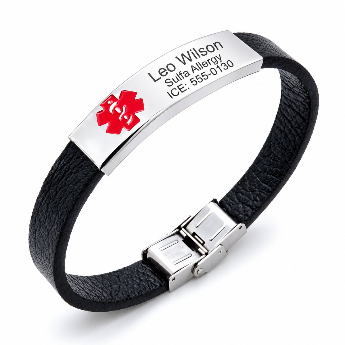 Personalized Leather Medical Alert Bracelet: Engraved Stainless Steel ID — sample personalized engraving