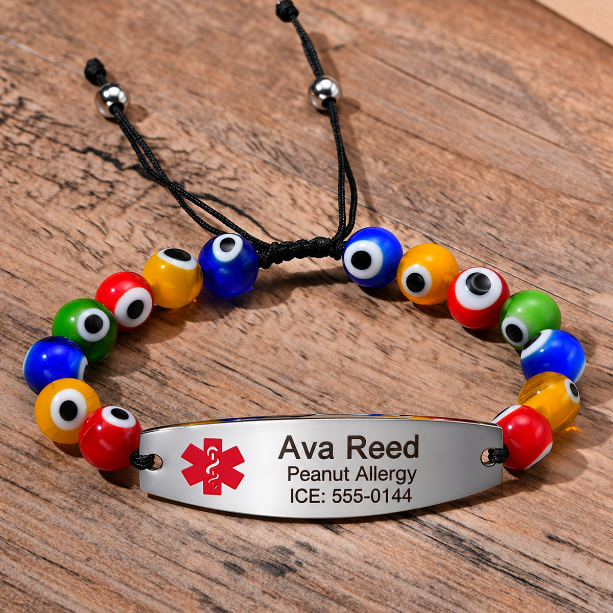 Quality Multi-Color Evil Eye Beads Medical ID Alert Bracelet — sample personalized engraving