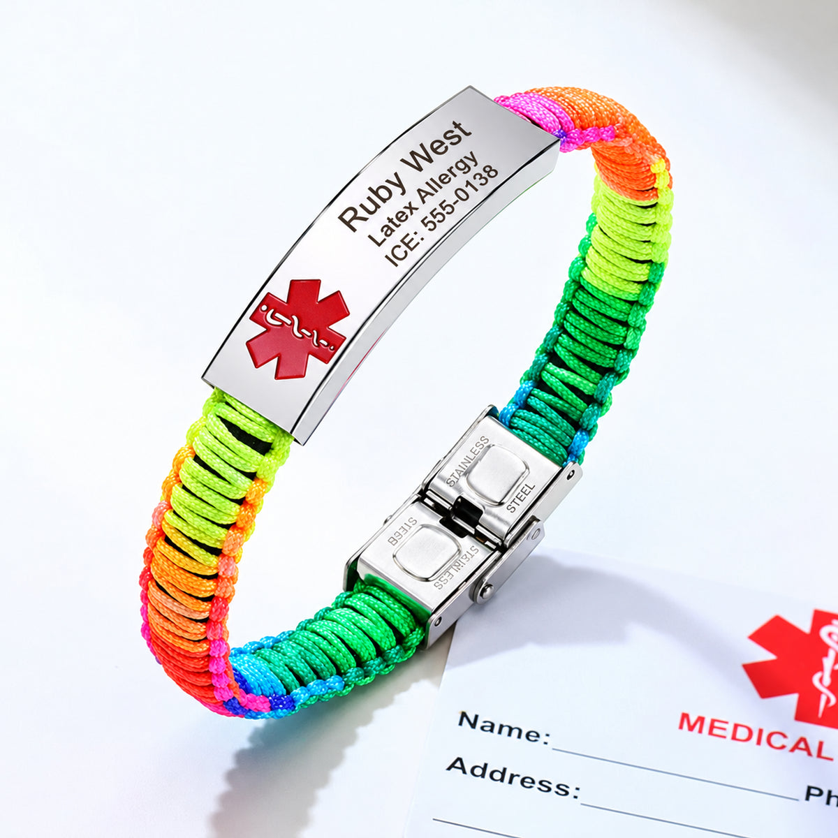 Personalized Rainbow Color Medical Alert ID Bracelet — sample personalized engraving