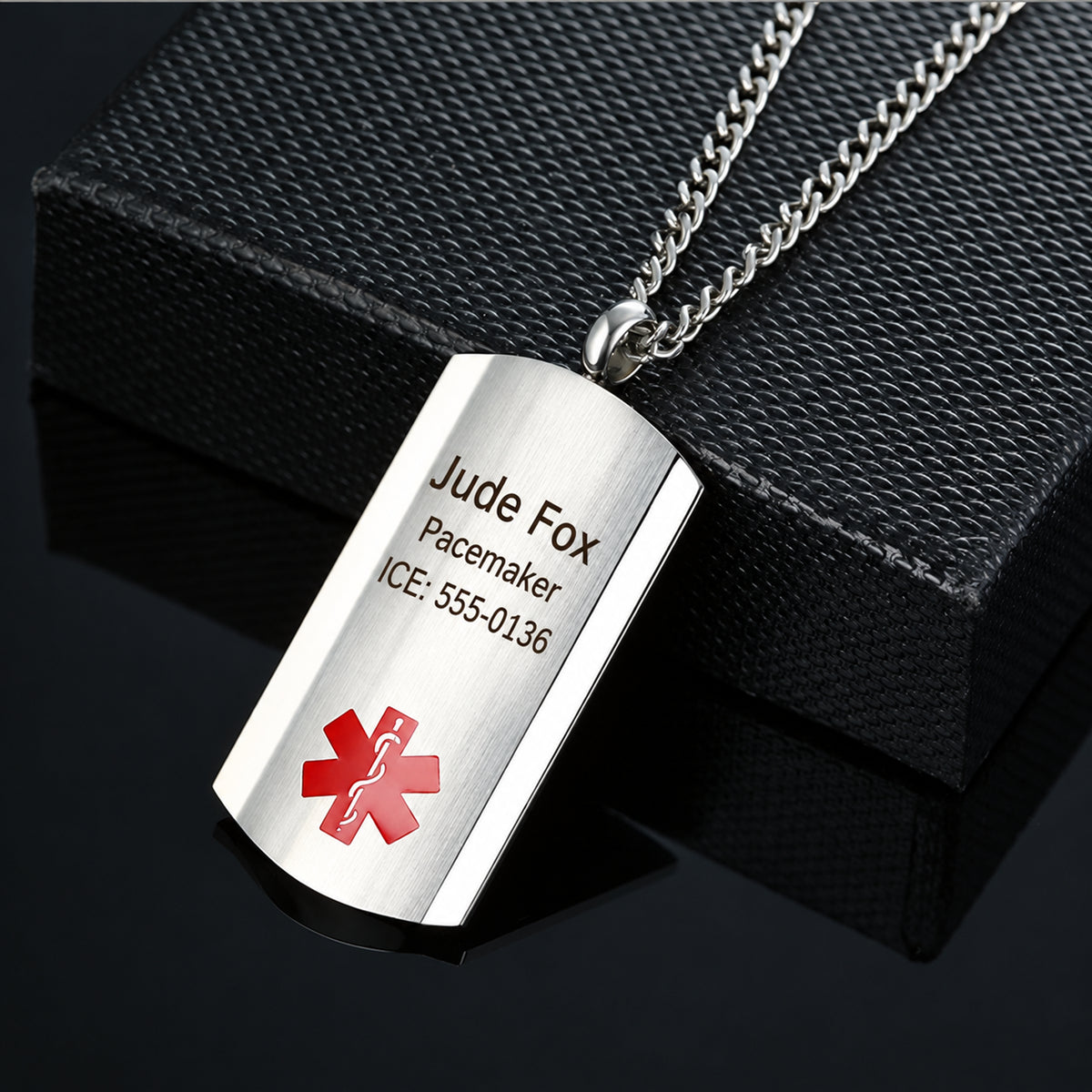 Personalized Stainless Steel Medical Alert Dog Tag Pendant Necklace — sample personalized engraving