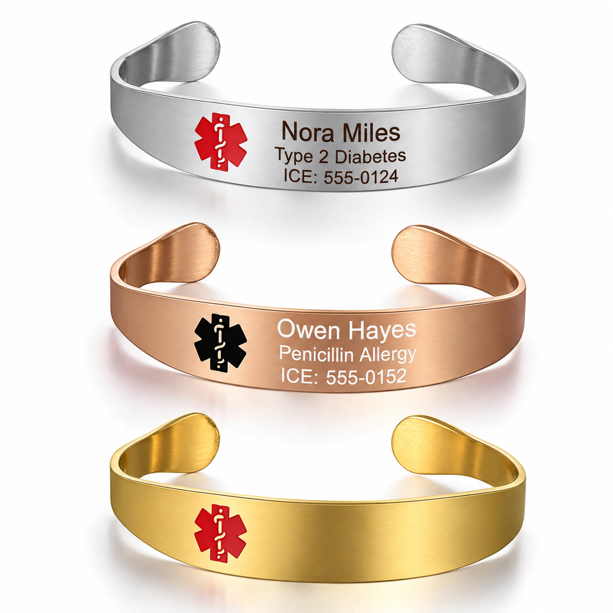 Stainless Steel Medical ID Alert Bangle Cuff Bracelet for Women — sample personalized engraving