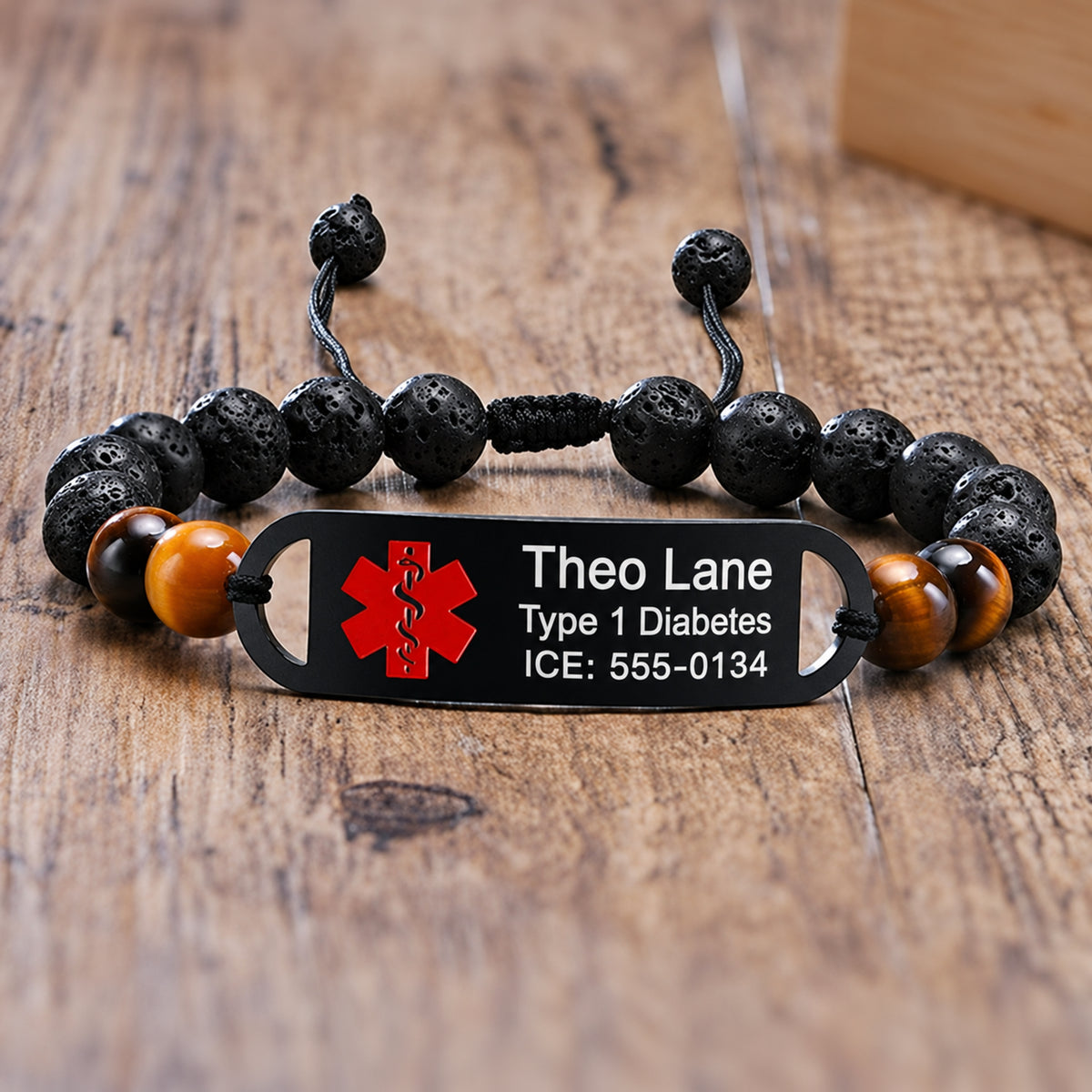 Personalized Medical Id Bracelet with Tiger Eye Lava Stone — sample personalized engraving
