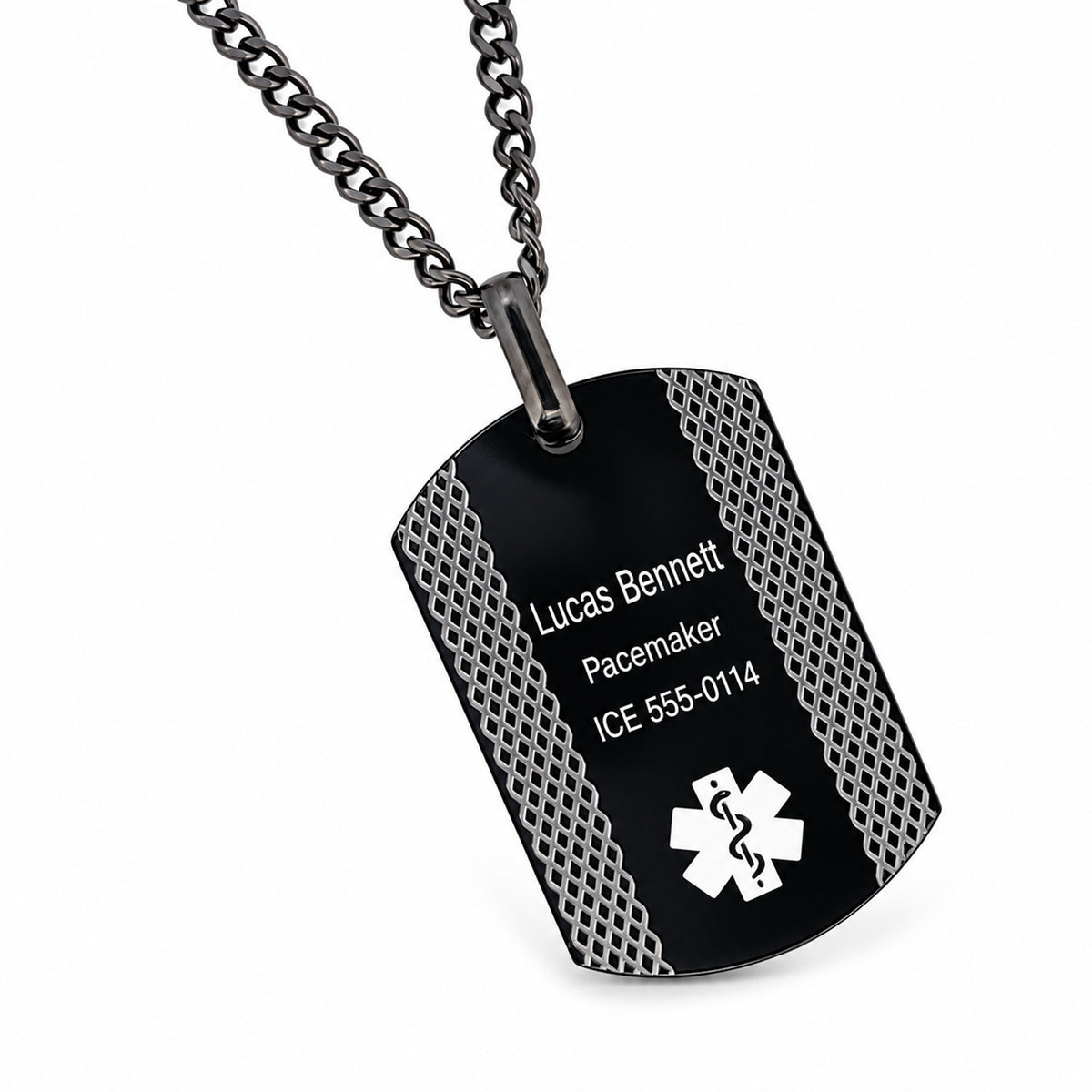 Personalized Black Stainless Steel Medical Alert Dog Tag Necklace with Custom Engraving. Product photo with fictional sample engraving in Arial, a larger name, and white text on a black plate.