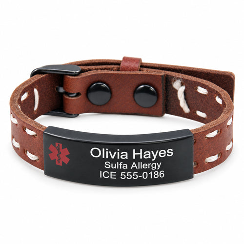 Personalized Leather Medical ID Bracelet: Black Stainless Steel, Adjustable. Product photo with fictional sample engraving in Arial, a larger name, and white text on a black plate.