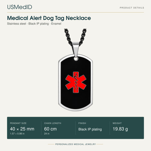 USMedID black medical alert dog tag necklace product details: 40 by 25 mm pendant, 60 cm chain, stainless steel with black IP plating and enamel, 19.83 g.