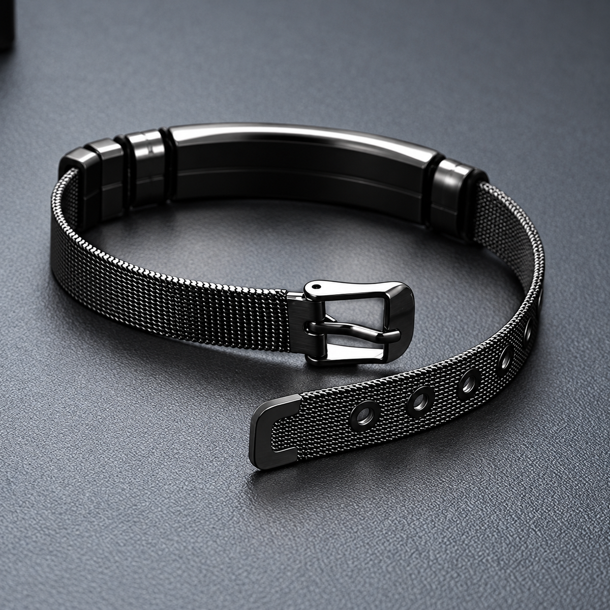 Rear view of the black mesh medical ID bracelet showing its tang buckle and adjustable band.