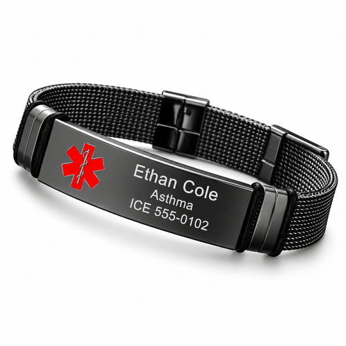 Black mesh medical ID bracelet with red medical symbol and white Ethan Cole sample engraving.