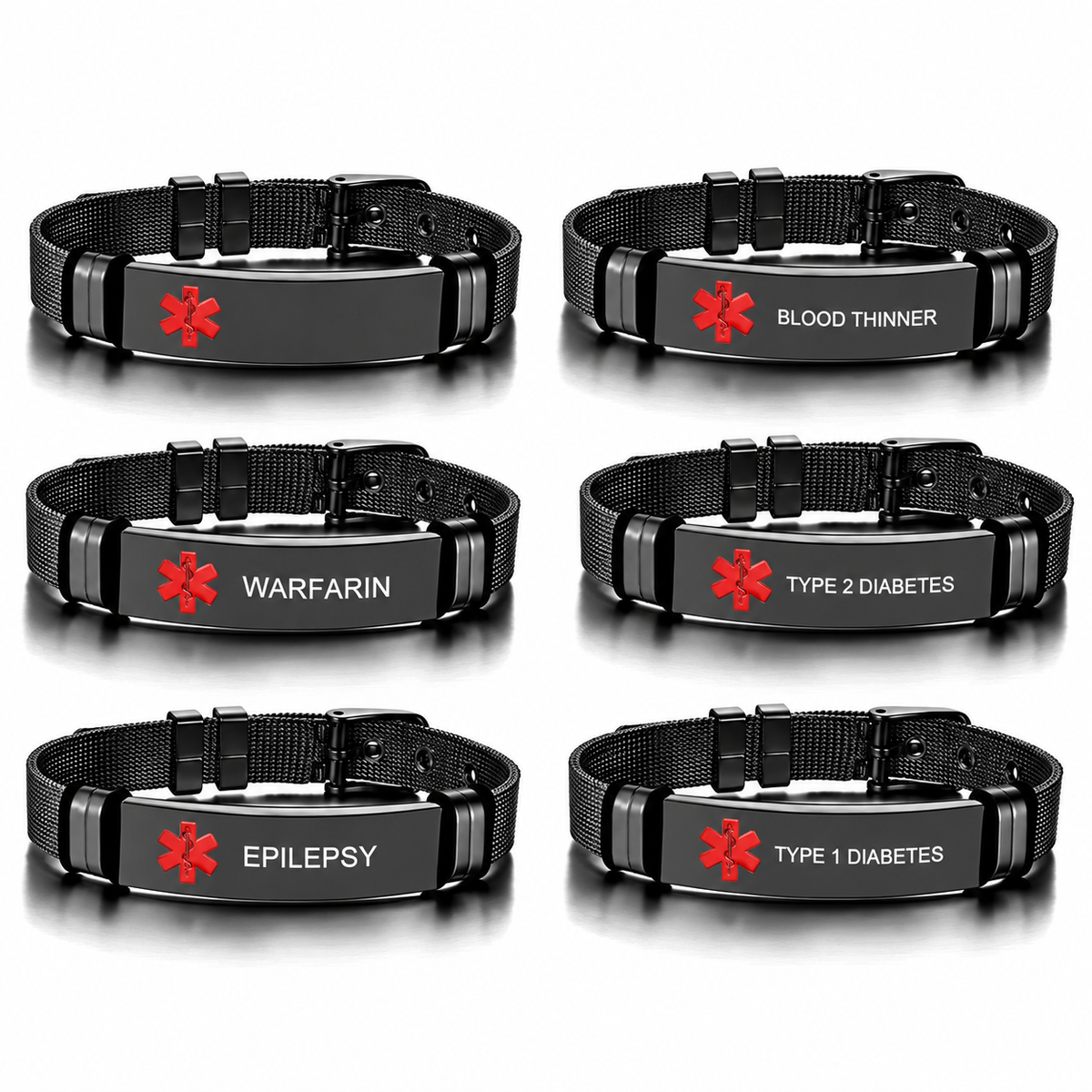 Black mesh medical ID bracelet shown blank and with five example medical engravings.