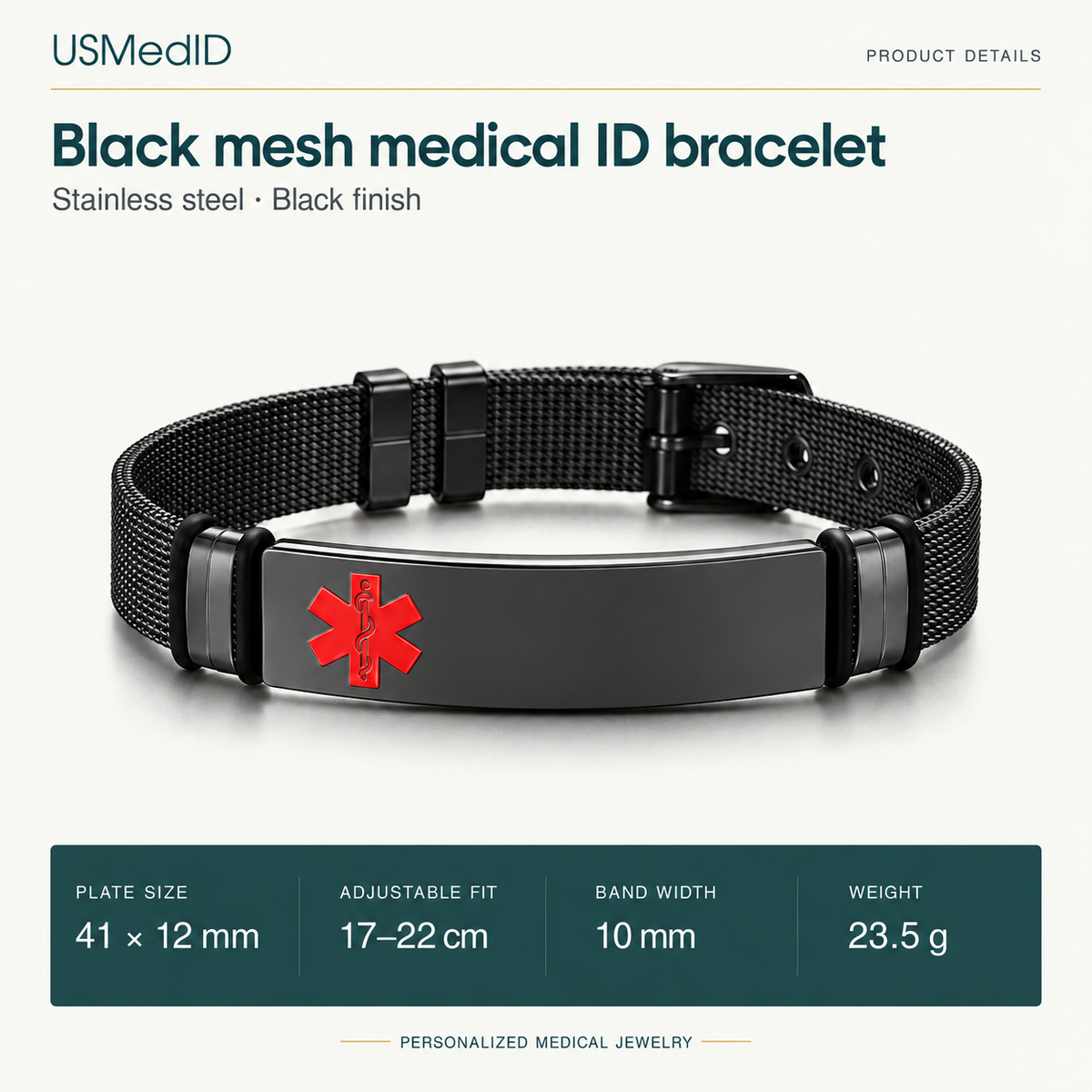 Black mesh bracelet dimensions: 41 by 12 mm plate, 17 to 22 cm adjustable fit, 10 mm band and 23.5 g weight.