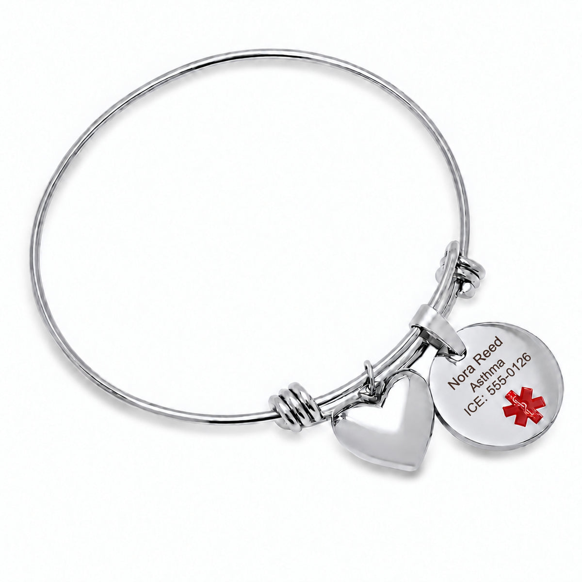 USMedID FG0505 medical alert bangle with approved left-tilted round-charm engraving and blank heart charm