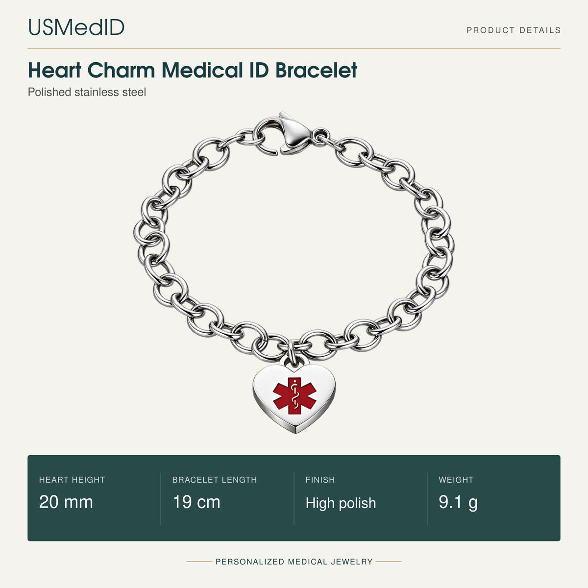 USMedID heart charm medical ID bracelet product details: 20 mm heart, 19 cm bracelet, polished stainless steel, 9.1 g.