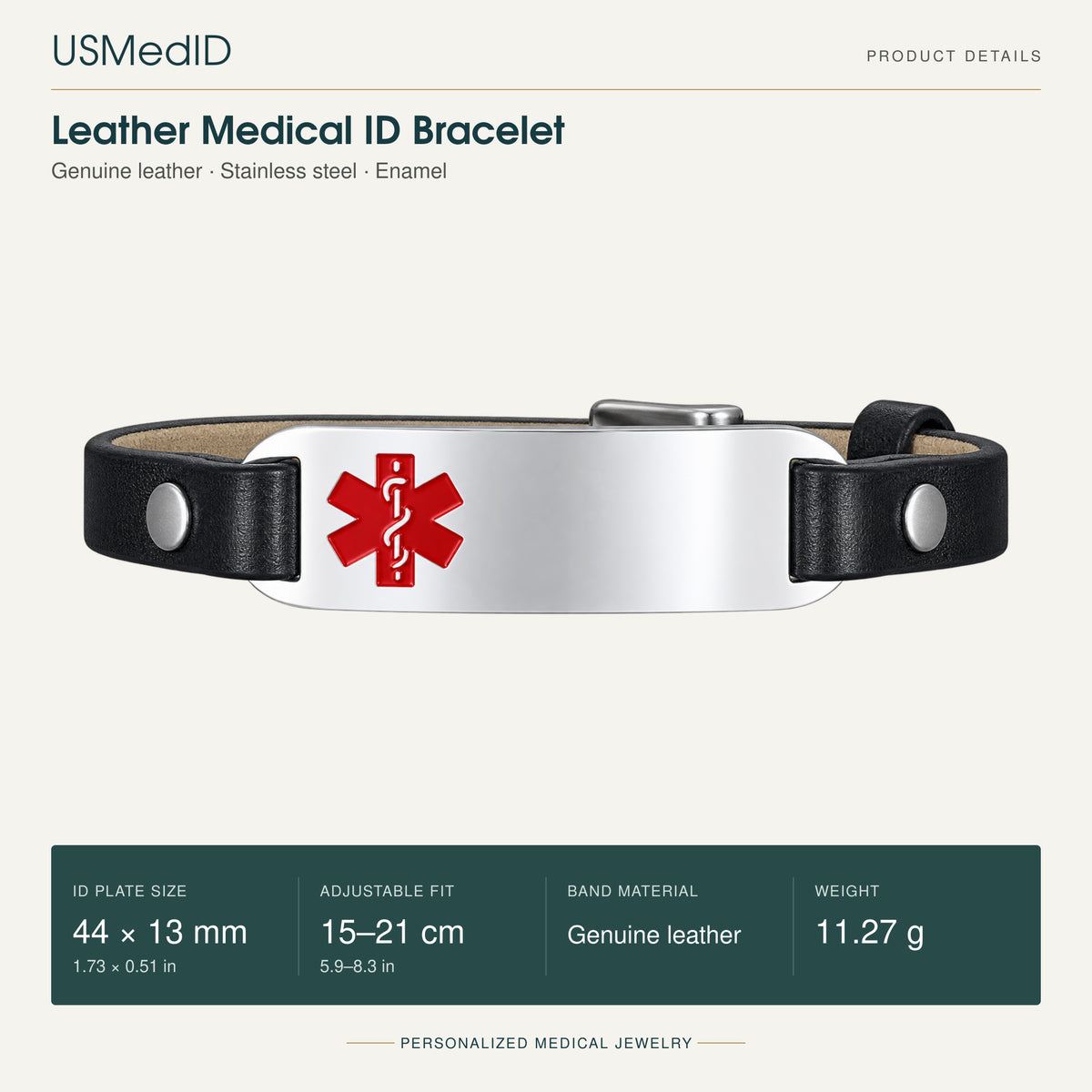 USMedID genuine leather medical ID bracelet product details: 44 by 13 mm plate, 15 to 21 cm adjustable fit, 11.27 g.