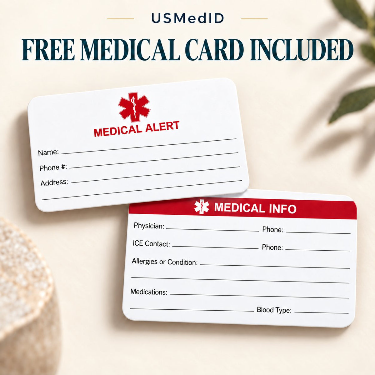 Free USMedID medical information card included with your order