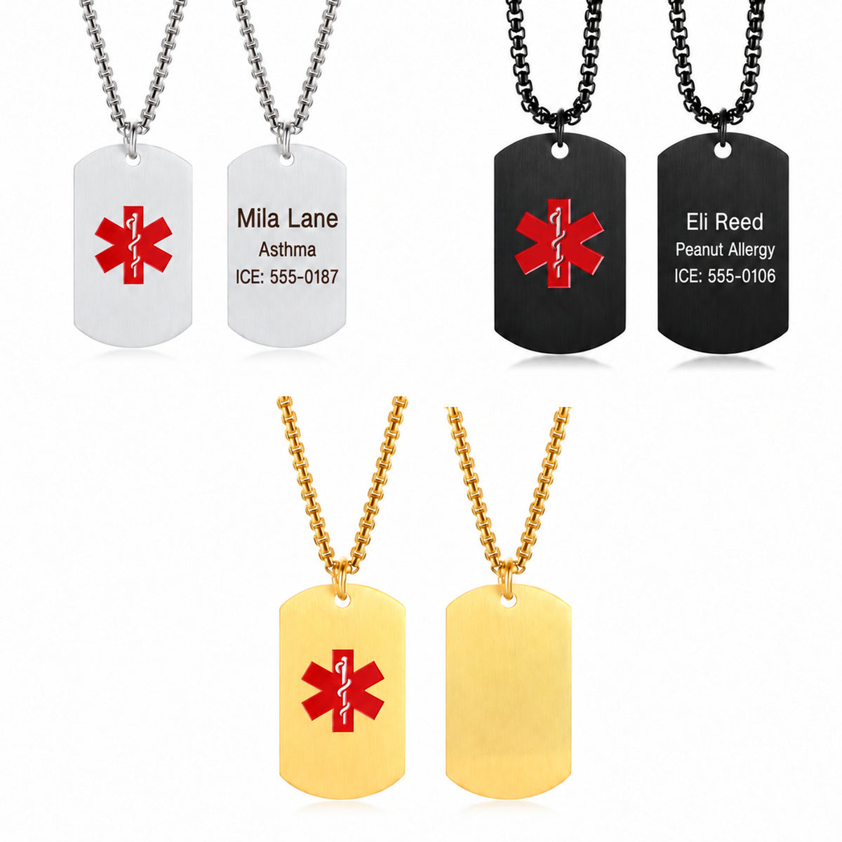 USMedID MT2691 dog tag necklace colors with refined white black-back engraving and silver sample engraving