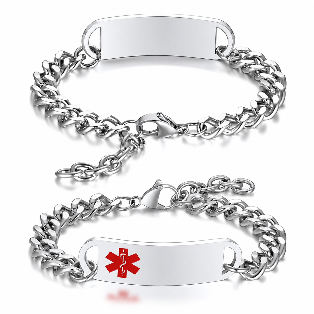 Two views of the silver curb chain bracelet showing the blank back, lobster clasp and extension chain.