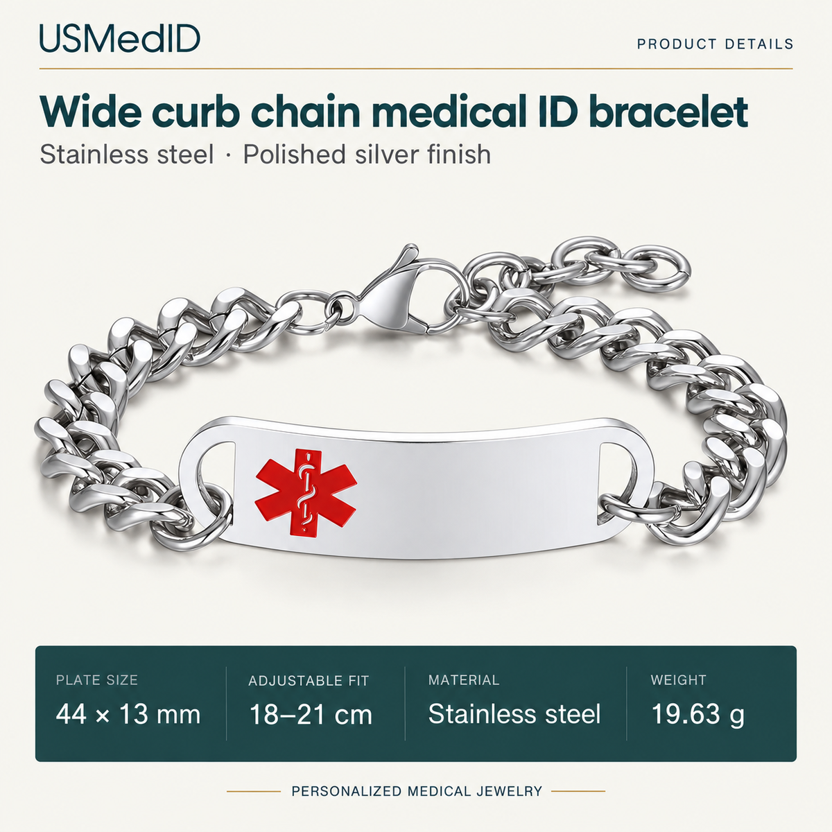 Silver curb chain bracelet dimensions: 44 by 13 mm plate, 18 to 21 cm adjustable length and 19.63 g weight.