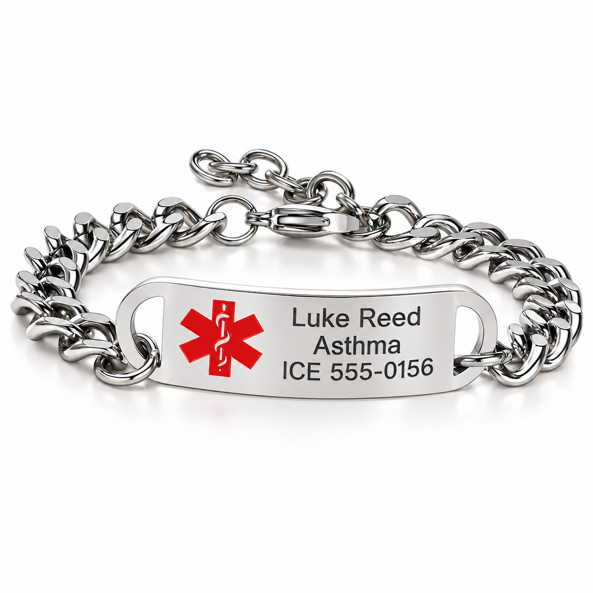 Polished silver curb chain medical ID bracelet with red medical symbol and Luke Reed sample engraving.