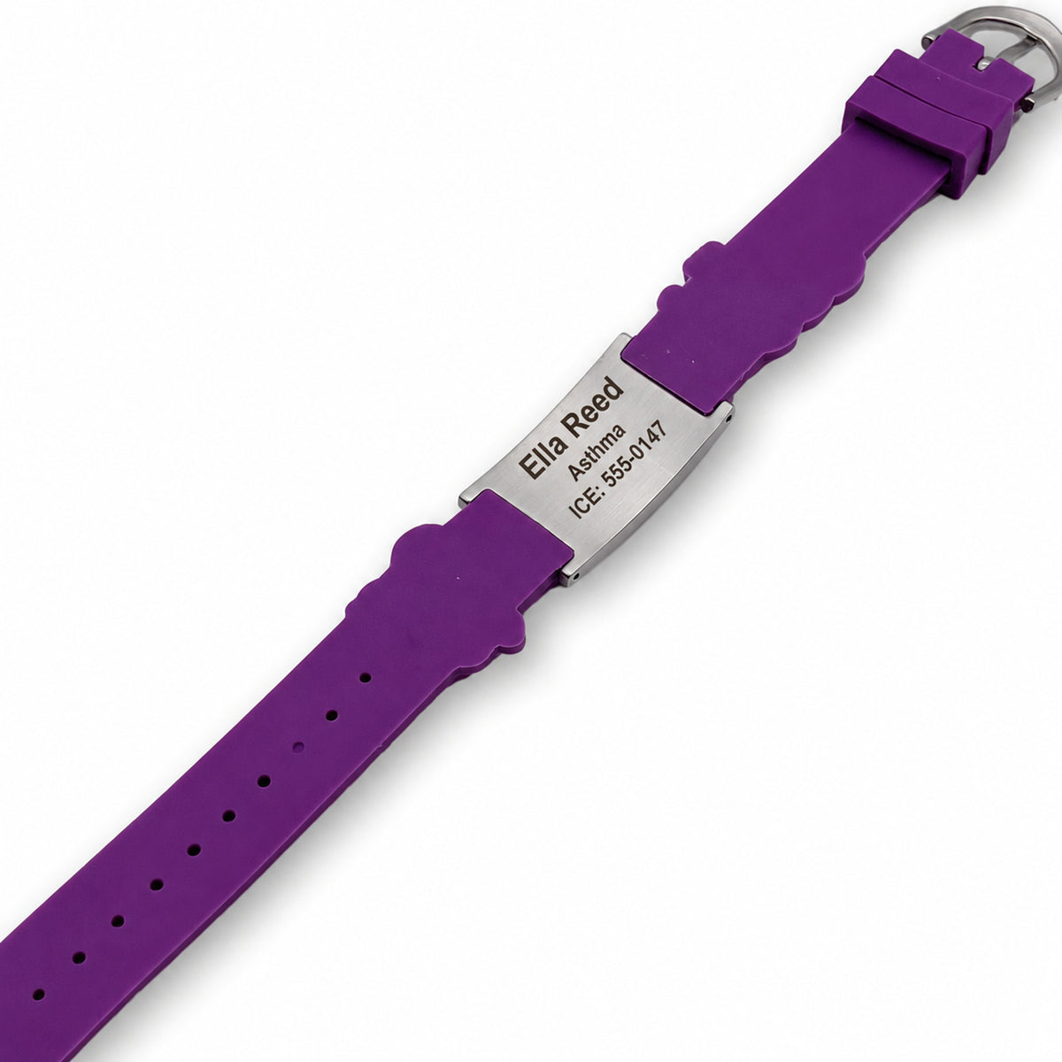 USMedID MTKID12 purple dog medical ID bracelet, reverse plate with sample personalized engraving