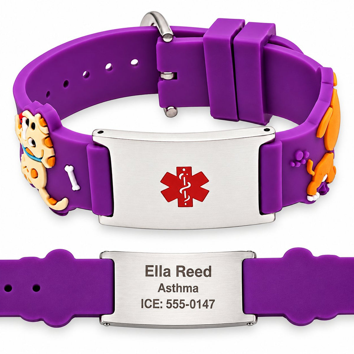 Personalized Kids Medical ID Bracelet – Purple Silicone with Fun Dog Design with sample reverse engraving