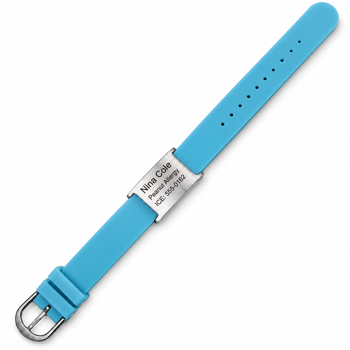 USMedID MTKID12B light blue horse medical ID bracelet, reverse plate with sample personalized engraving