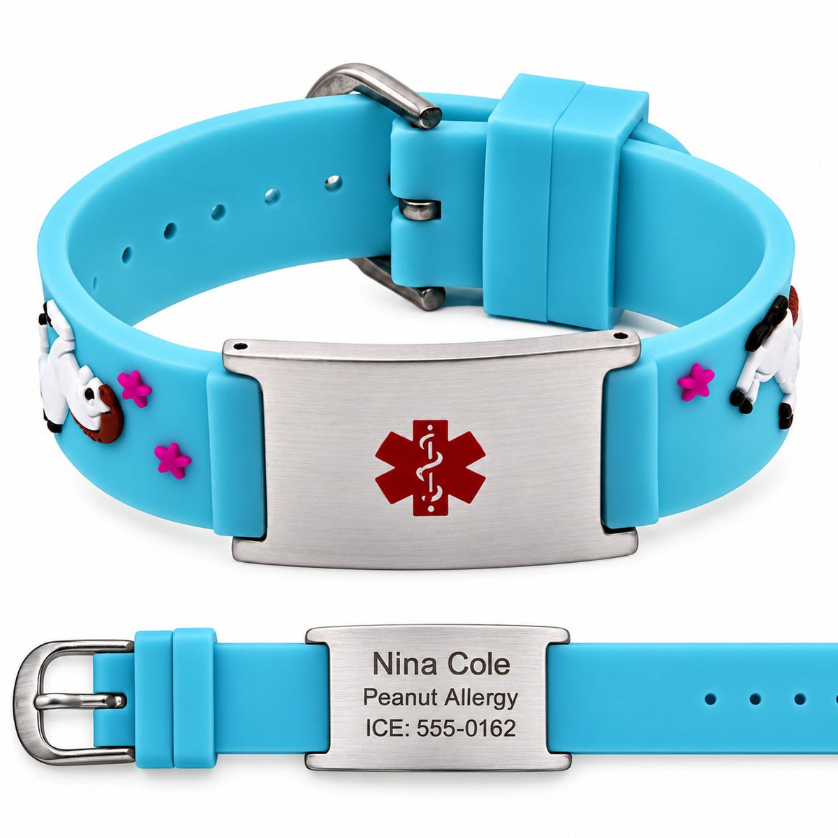 Personalized Kids Blue Rubber 3D Medical ID Bracelet with Horse Design with sample reverse engraving