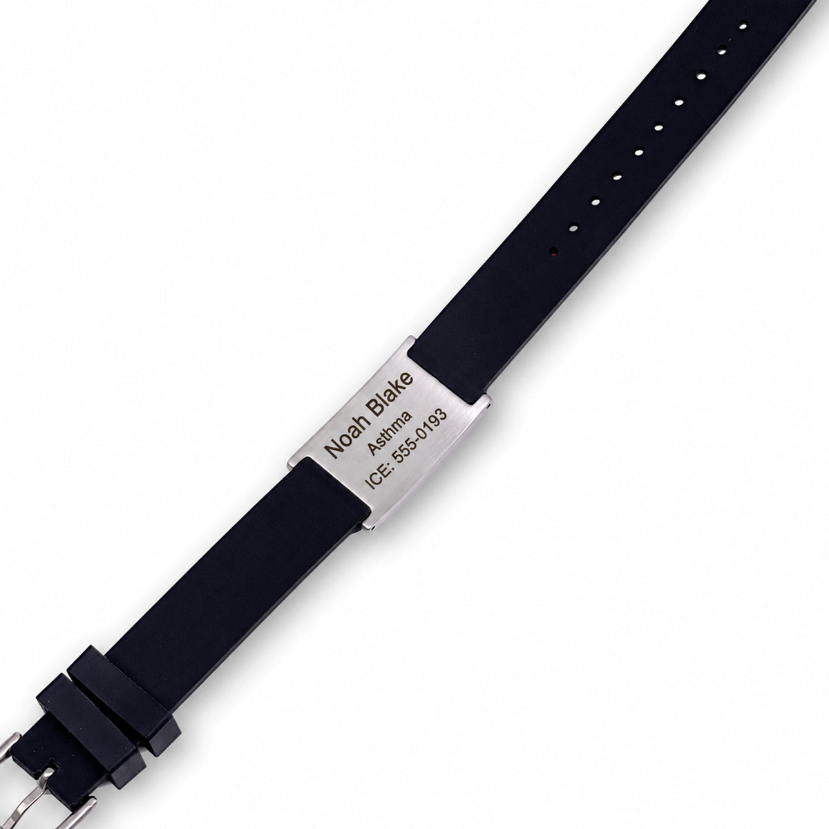 USMedID MTKID14 kids basketball medical ID bracelet, reverse stainless-steel plate with sample personalized engraving