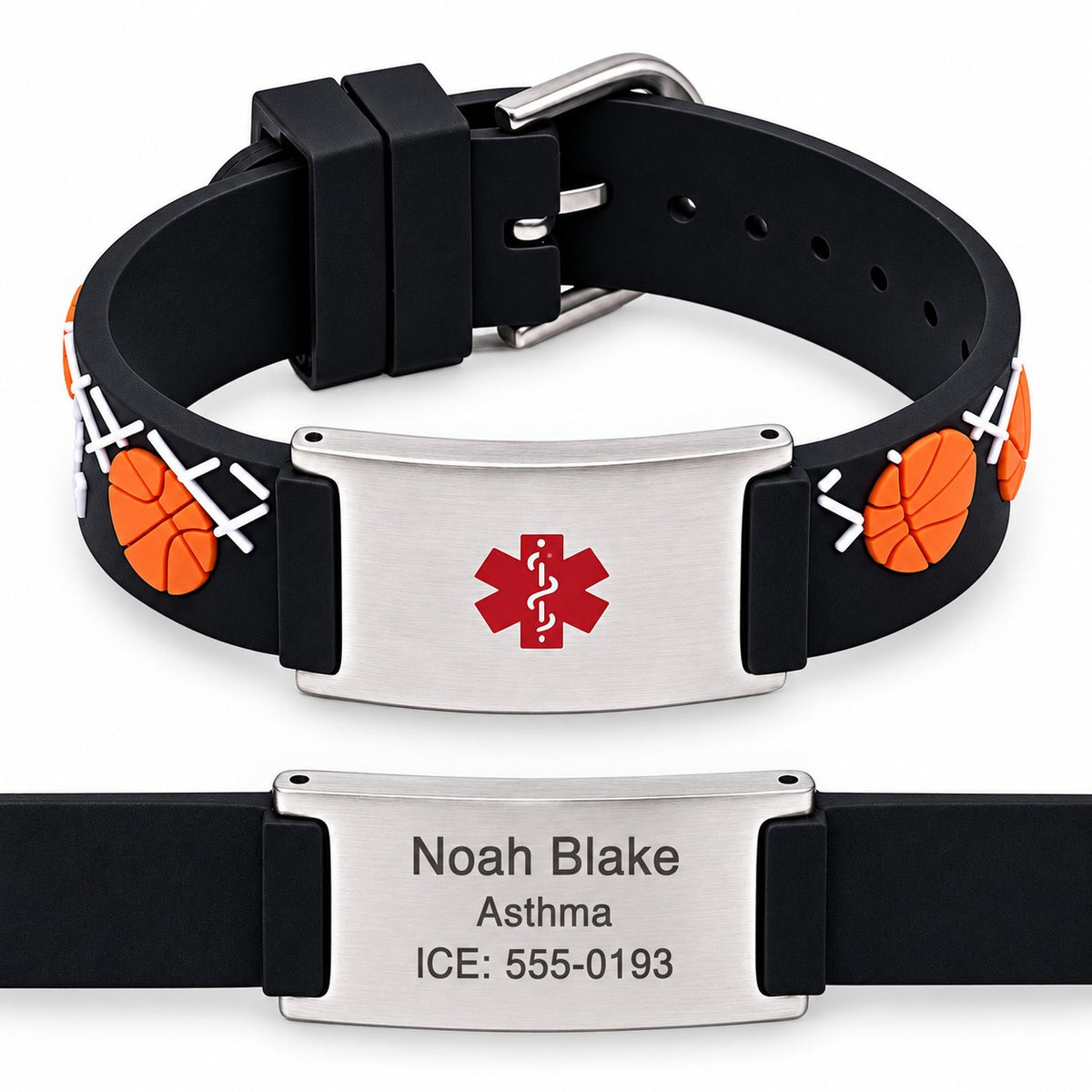 Personalized Kids Basketball Medical ID Bracelet – Engravable Silicone & Stainless Steel Medical Alert Wristband with sample reverse engraving