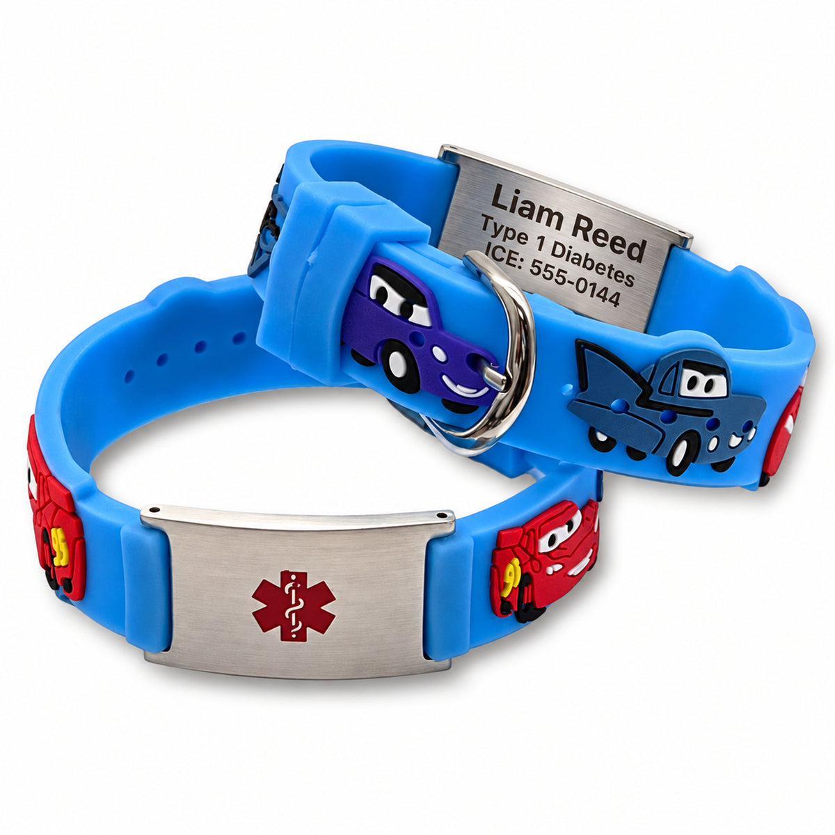 USMedID MTKID14 blue cars kids medical ID bracelet, clear front medical emblem and sample engraving on reverse plate