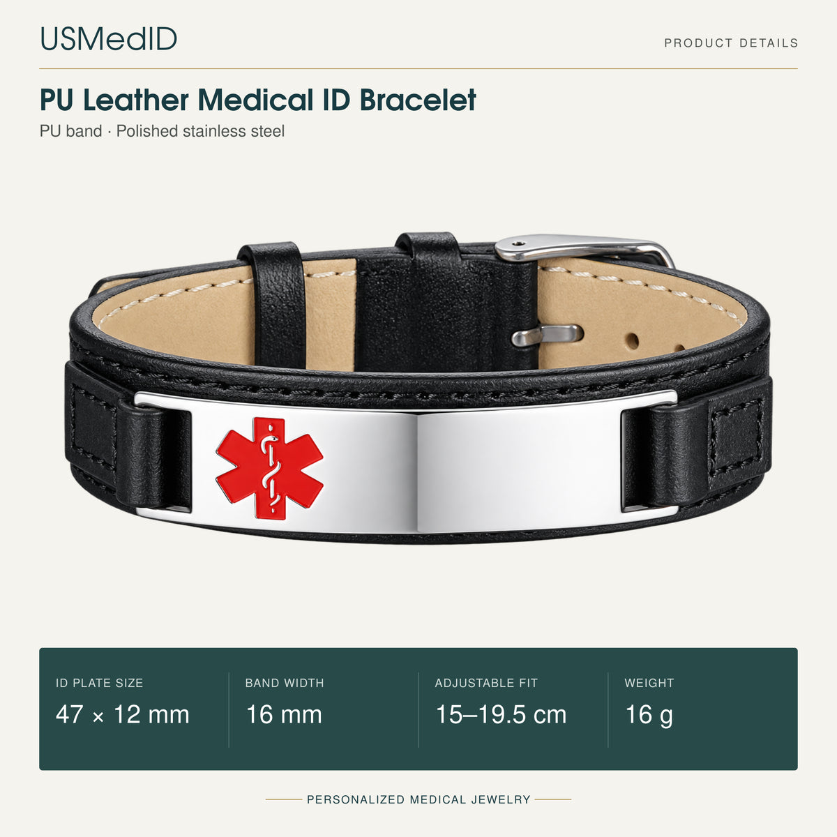 USMedID PU leather medical ID bracelet product details: 47 by 12 mm plate, 16 mm band, 15 to 19.5 cm adjustable fit, 16 g.