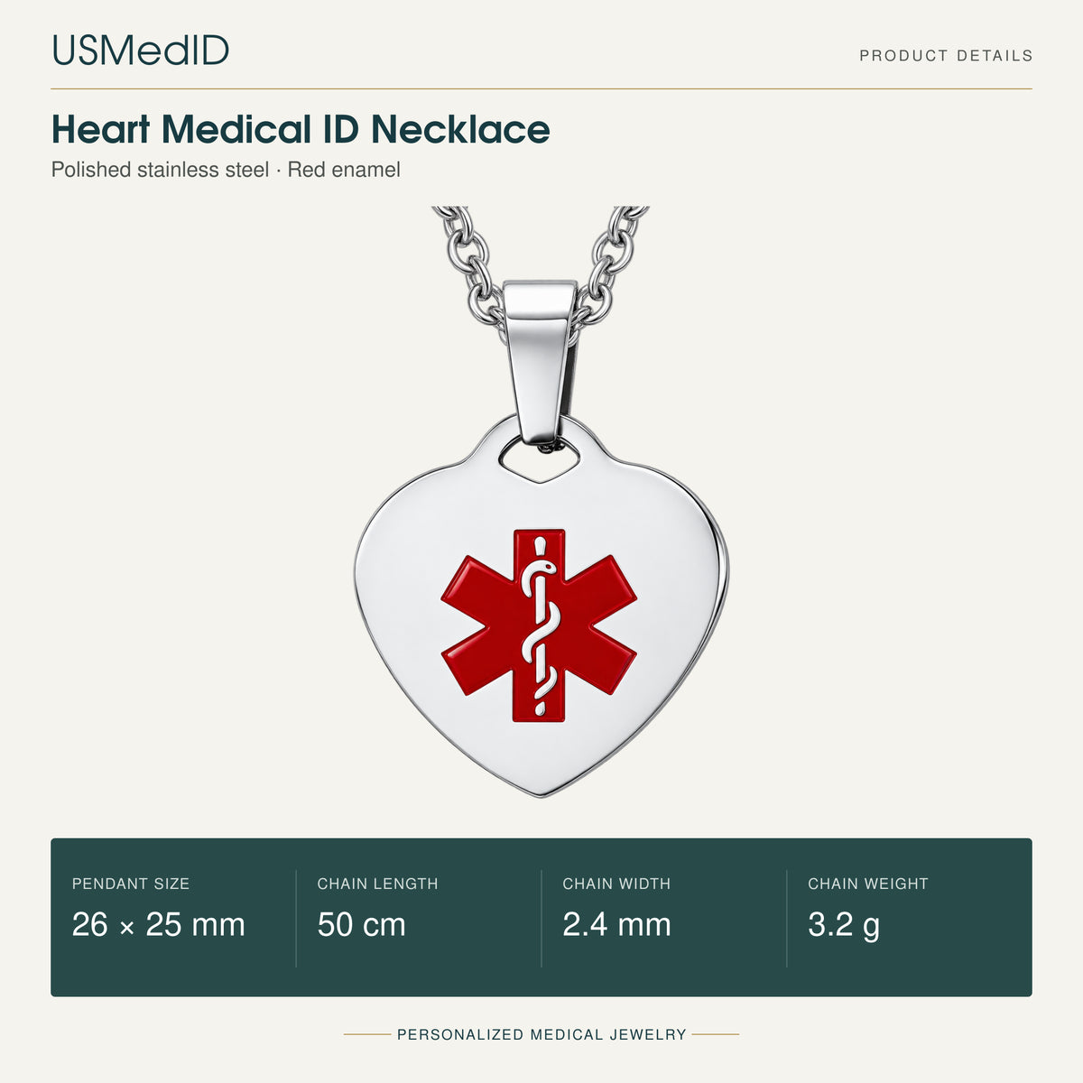 USMedID Heart Medical ID Necklace product details. Polished stainless steel · Red enamel. PENDANT SIZE: 26 × 25 mm; CHAIN LENGTH: 50 cm; CHAIN WIDTH: 2.4 mm; CHAIN WEIGHT: 3.2 g.