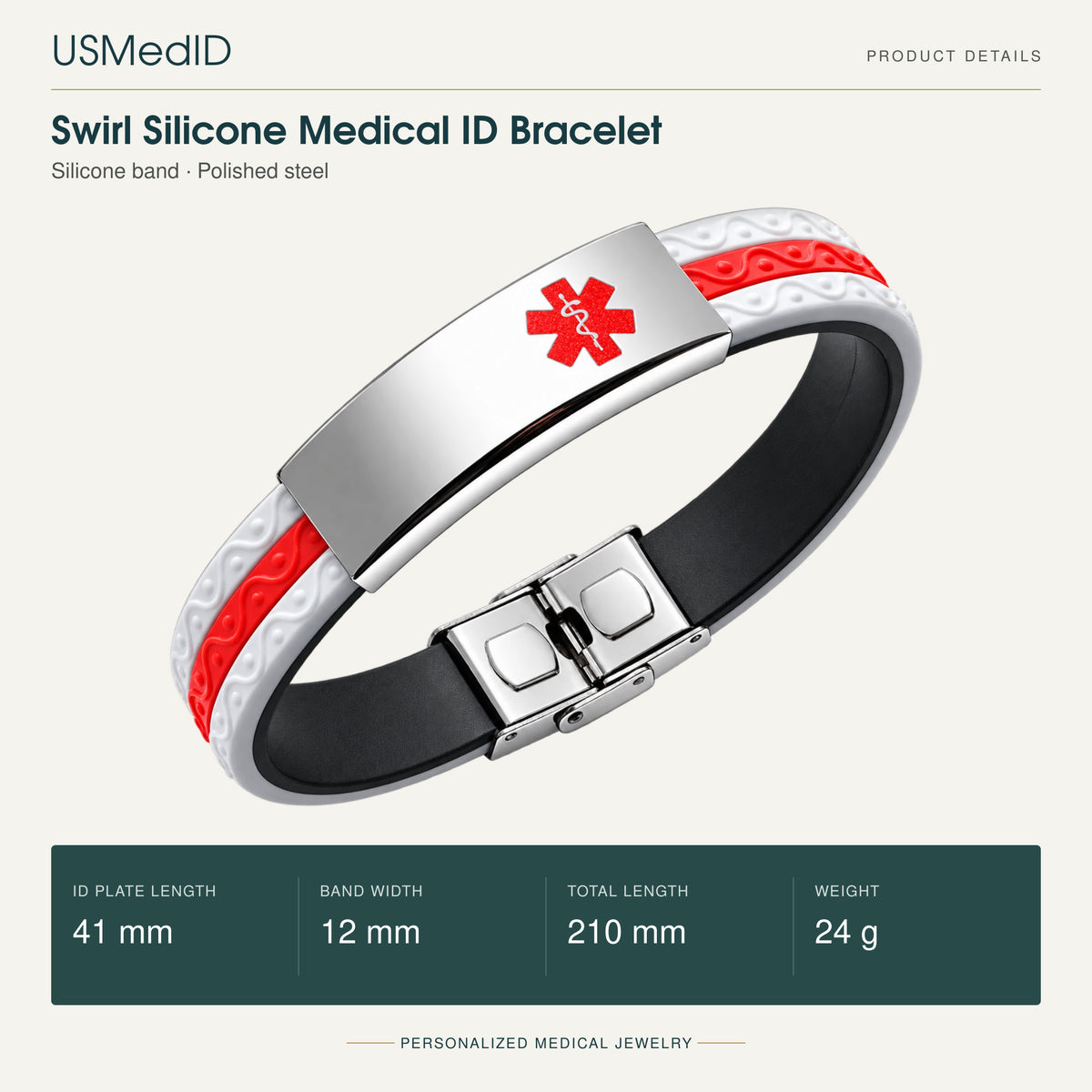 USMedID swirl silicone medical ID bracelet product details: 41 mm plate, 12 mm band, 210 mm length, 24 g.