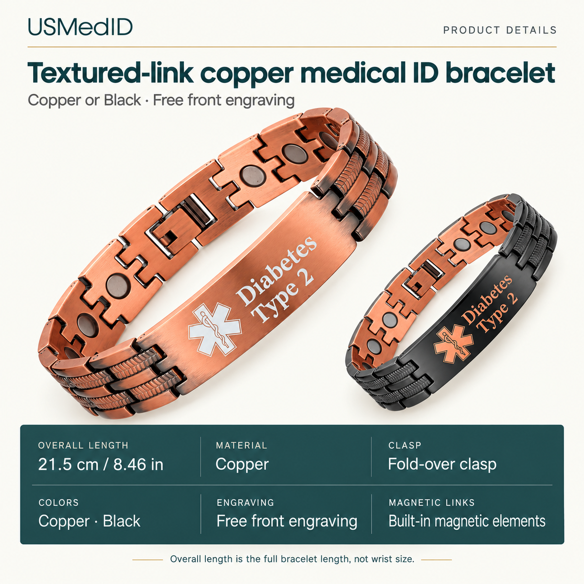 Textured-link copper medical ID bracelet specifications: overall length 21.5 cm or 8.46 inches, copper material, fold-over clasp, Copper and Black colors, free front engraving and built-in magnetic elements