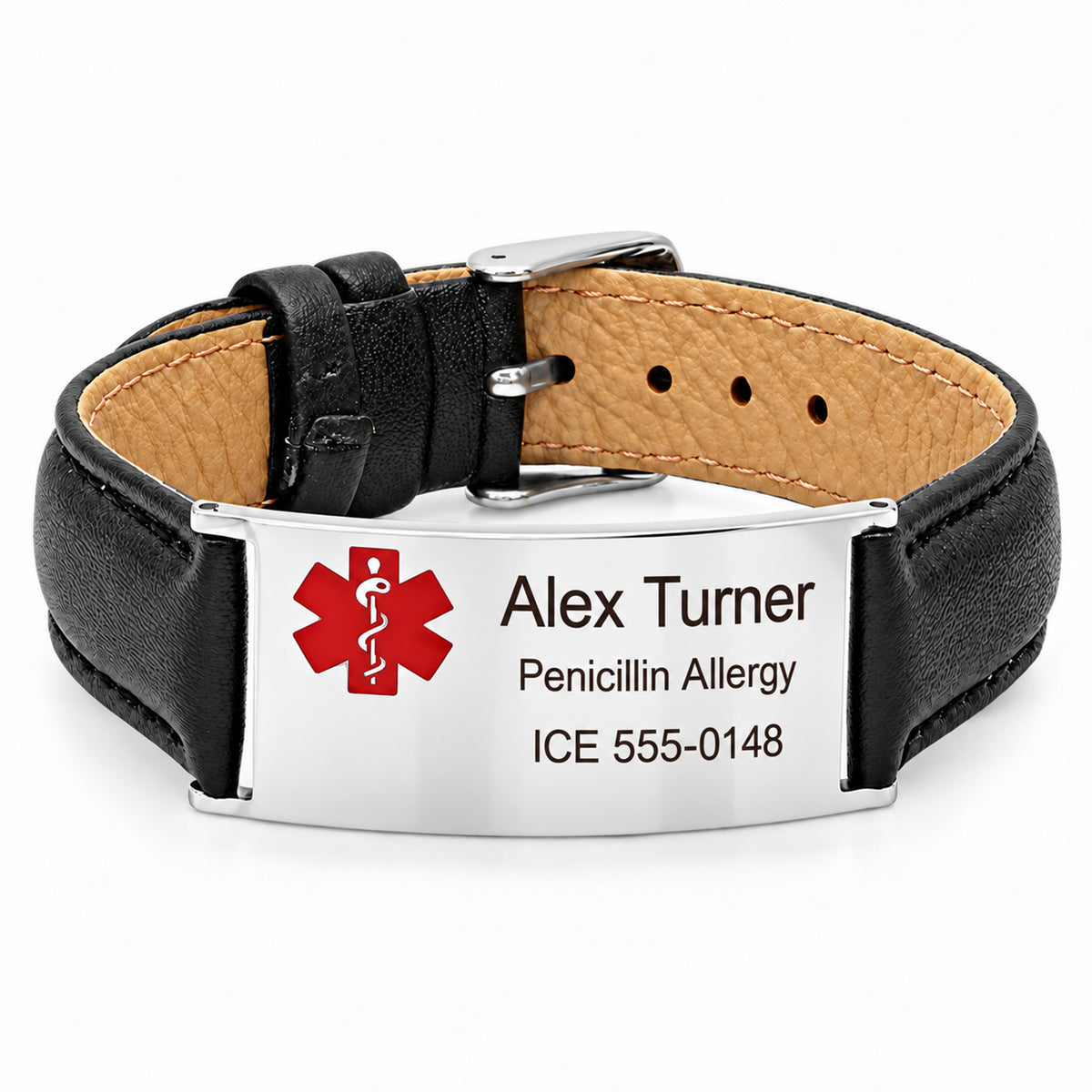 USMedID wide black leather medical ID bracelet with brown-black Arial sample engraving: Alex Turner, Penicillin Allergy, ICE 555-0148; larger name and spacious line spacing.